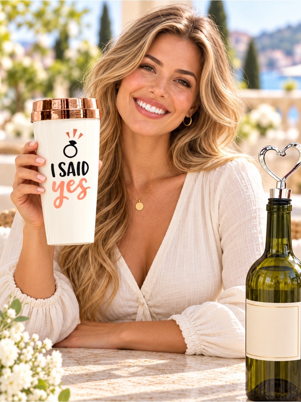 I Said Yes Rose Gold Travel Tumbler & Heart Wine Stopper